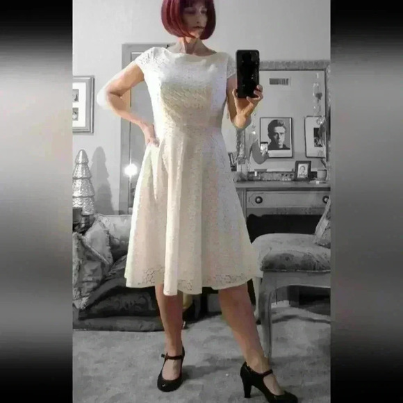NWT Womens Sz 6 Black Label by Evan Picone White Lace Fit & Flare Dress no belt - Picture 1 of 9